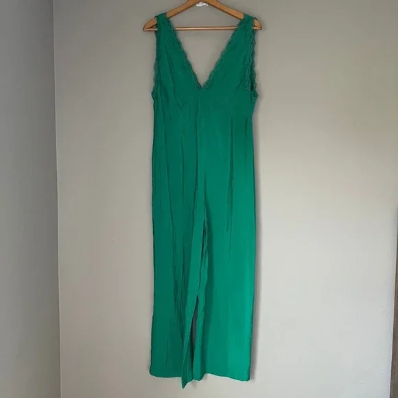 NWT MANGO MNG‎ Wide Leg Jumpsuit Size Large Green Sleeveless Cropped - Picture 4 of 11
